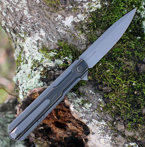 WE Knife Co. Peer, 2015E, 3.5" CPM 20CV Gray Stonewashed Blade, Black Hand Rubbed Brass Handle