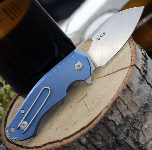 GiantMouse ACE Biblio Flipper, 2.9" Stonewashed M390 Drop Point Blade, Blue Titanium Handle