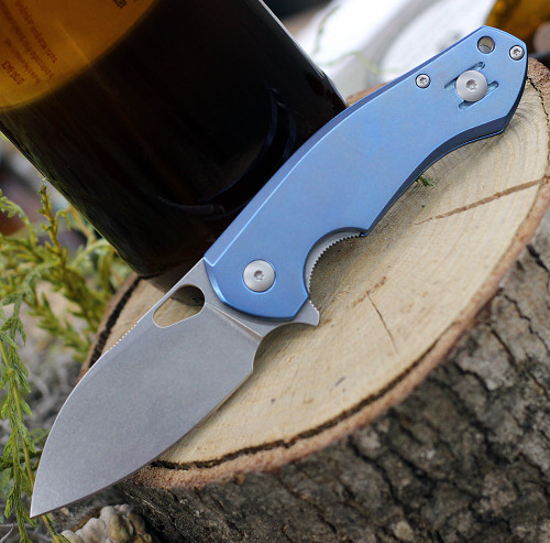 GiantMouse ACE Biblio Flipper, 2.9" Stonewashed M390 Drop Point Blade, Blue Titanium Handle