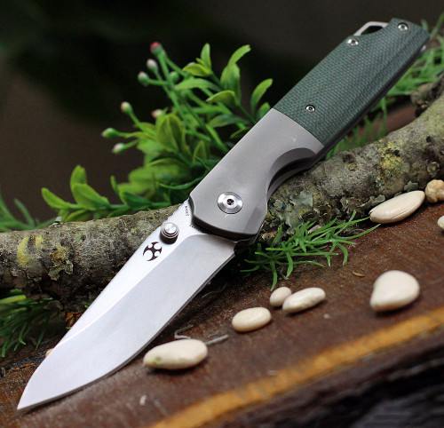 Kansept Knives Warrior (K1005T7) 3.46" CPM-S35VN Stonewashed Tanto Plain Blade, Green Titanium/Micarta Handle