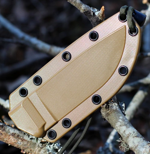 The ESEE-4 Complete Sheath System (ESEE-21SS) shown with its coyote brown molded plastic sheath, matching clip plate, and black MOLLE back, designed for vertical or horizontal carry of the ESEE-4.