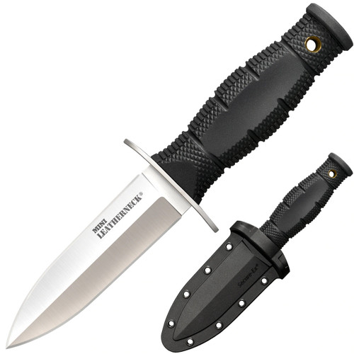 Cold Steel Mini Leather Neck Double Edge (CS39LSAC) 3.5" 8Cr13MoV Stonewashed Dagger Plain Blade, Black Kraton Handle, Black Secure-Ex Sheath
