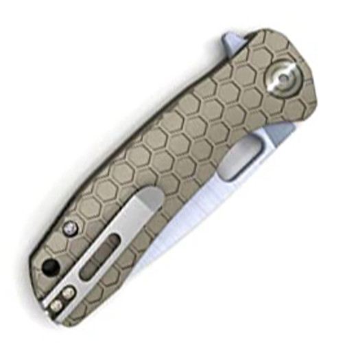 Honey Badger Knives Medium D2 Flipper HB1015, 3.19" D2 Satin Drop Point Plain Blade, Tan FRN Handle