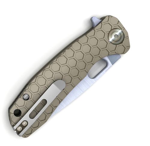 Honey Badger Knives Small D2 Flipper HB1027, 2.81" D2 Satin Drop Point Plain Blade, Tan FRN Handle