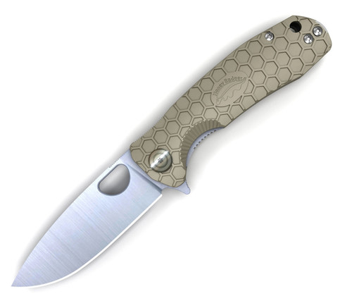 Honey Badger Knives Small D2 Flipper HB1027, 2.81" D2 Satin Drop Point Plain Blade, Tan FRN Handle