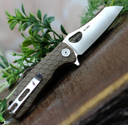 Honey Badger Knives Small Warncleaver Flipper HB1046, 2.75" 8Cr13MoV Satin Warncleaver Plain Blade, Tan FRN Handle