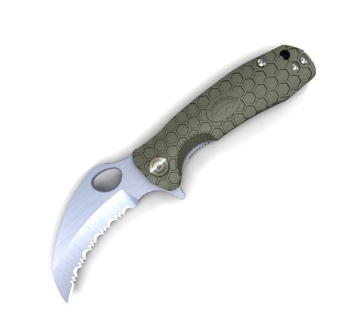 Honey, Badger, medium, 8Cr13Mov, Claw, Flipper, HB1133, 3.0", serrated, green, od, FRN, hollow, grind