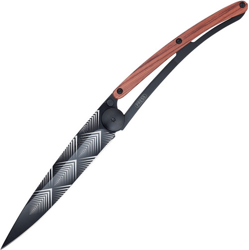 Deejo 27g Tattoo Art Deco DEE9GB101, 3" Z40C13 Black Titanium Coated Plain Blade, Coralwood Handle