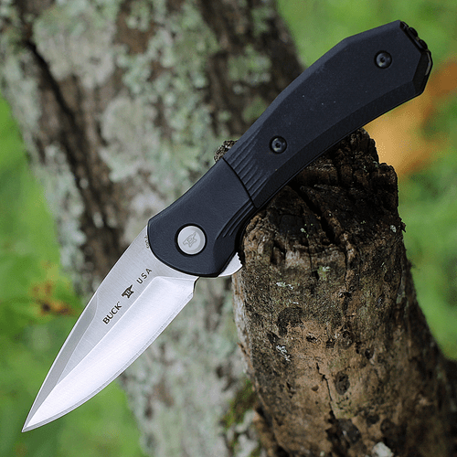 Buck Knives Paradigm Assisted Open (BU590BKS) 3" CPM-S35VN Satin Drop Point Plain Blade, Black Textured G-10 Handle with Cerakote Coated Rotating Bolster