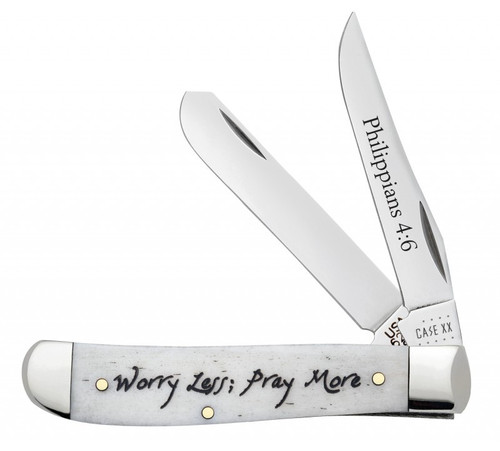 Case Mini Trapper Religious Sayings - Philippians 4:6 - 60869 Embellished Smooth Natural Bone Handle (6207 SS)