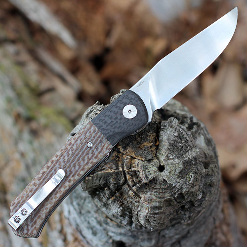 QSP Knife Gannet Folding Knife (QS137B) 3.25" 154CM Satin Drop Point Plain Blade, Tan Linen Micarta Handle w/ Red Carbon Fiber Bolster