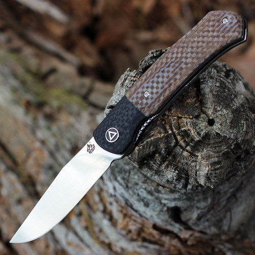 QSP Knife Gannet Folding Knife (QS137B) 3.25" 154CM Satin Drop Point Plain Blade, Tan Linen Micarta Handle w/ Red Carbon Fiber Bolster