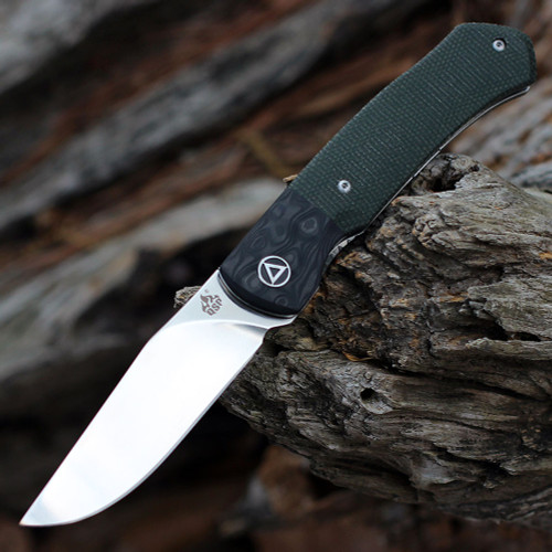 QSP Knife Gannet (QS137C) 3.25" 154CM Satin Drop Point Plain Blade, Green Linen Micarta Handle w/ Black Carbon Fiber Bolster