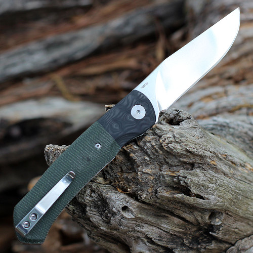 QSP Knife Gannet (QS137C) 3.25" 154CM Satin Drop Point Plain Blade, Green Linen Micarta Handle w/ Black Carbon Fiber Bolster