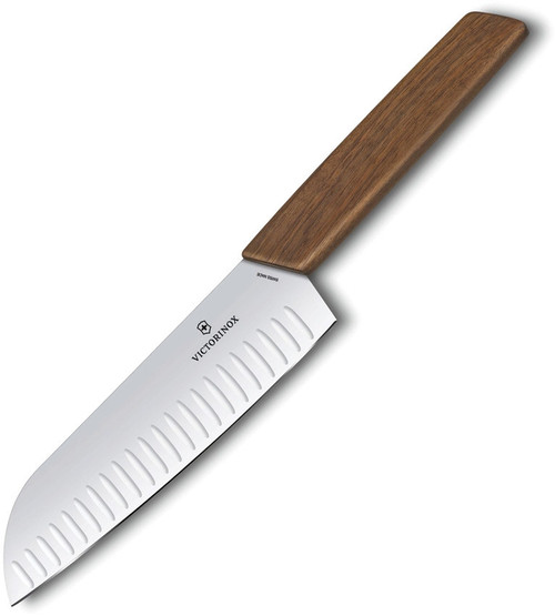 Victorinox Swiss Modern 6.9050.17KG Santoku Knife, 6.7" Fluted Edge Blade, Walnut Wood Handle