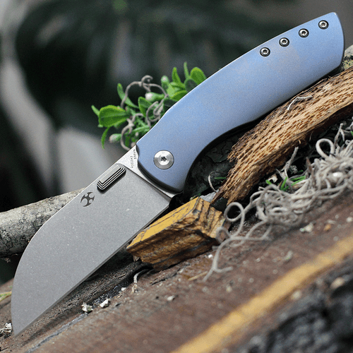 Kansept Knives Convict (K1023A3) 3.3" CPM-S35VN Stonewashed Sheepfoot Plain Blade, Blue Titanium Handle