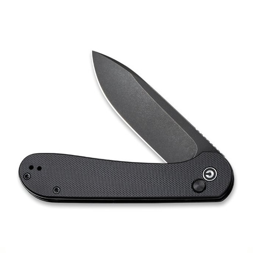 CIVIVI Button Lock Elementum Folding Knife (C2103A)- 3.47" Blackwashed 14C28N Drop Point Blade, Black G-10 Handles