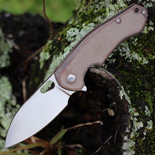 GiantMouse ACE Biblio Flipper, 2.9" M390 Stonewash Drop Point Blade, Bronze Handle w/Natural Micarta inlay