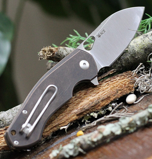 GiantMouse ACE Biblio Flipper, 2.9" M390 Stonewash Drop Point Blade, Bronze Handle w/Natural Micarta inlay