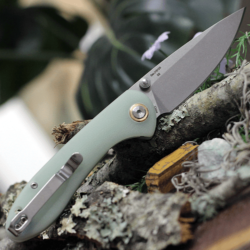 CJRB Cutlery Small Feldspar J1912S-NTG, 3.0" D2 Steel Stonewashed Plain Blade, Contoured Natural G-10 Handle