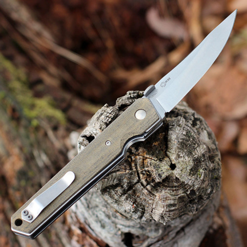 Boker Plus Kwaiken (01BO291) 3.5" AUS-8 Stonewash Trailing Point Plain Blade, Green Canvas Micarta Handle