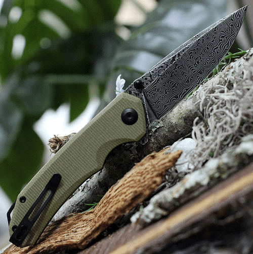 CIVIVI Brazen Flipper (C2102DS-2)-3.46" Damascus Drop Point Blade, Olive Micarta Handle