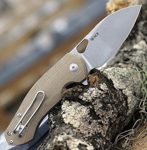 GiantMouse ACE Biblio Flipper, 2.875" M390 Stonewashed Plain Blade, Natural Canvas Micarta Handle