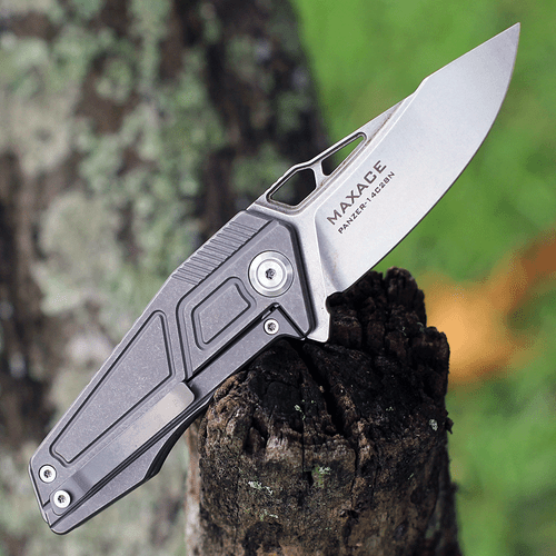 Maxace Knives Panzer MPZ03, 2.68" Sanvik 14C28N Stonewashed Plain Blade,  Gray Stonewashed Titanium Handle