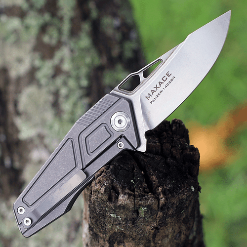 Maxace Knives Panzer MPZ03, 2.68" Sanvik 14C28N Stonewashed Plain Blade,  Gray Stonewashed Titanium Handle