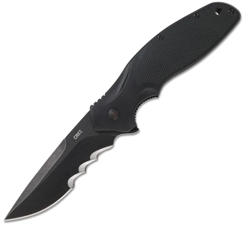 CRKT 800KKP Shenanigan assisted opening knife with blackwashed serrated blade.