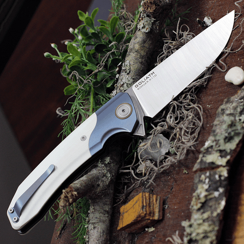 Maxace Knives Goliath 2.0 MGL204, 4.33" Bohler K110 Satin Plain Blade, White G-10 Handle w/Blue Bolster