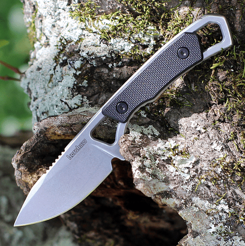 Kershaw Brace Fixed Blade Knife (2085)- 2.00" Stonewashed 8Cr13MoV Drop Point Blade, Stonewashed Stainless Steel Handle