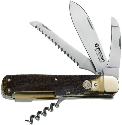 Boker Solingen Hunting Quadro (110649) 3.3" CPM-CruWear Satin Spear, Guthook, Saw Blade, Corkscrew, Brown Stag Handle