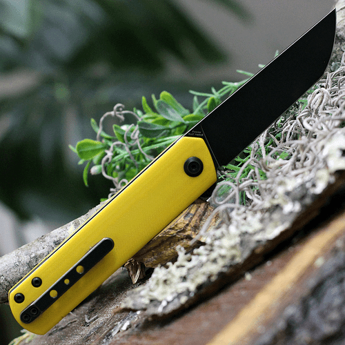 Kansept Foosa Folding Knife T2020T6, 3.06" 154CM Black Plain Blade, Yellow G-10 Handle