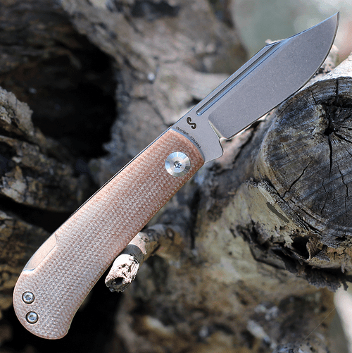 Kansept Knives Wedge (KT2026B3) 2.25" 154CM Stonewashed Clip Point Plain Blade, Brown Micarta Handle