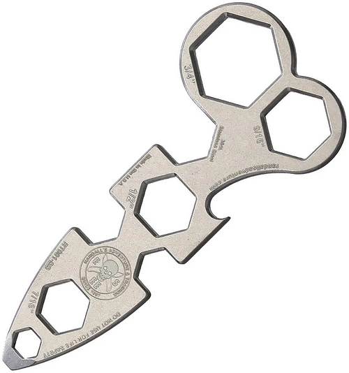 The ESEE WRAT Wrench (RT001SS) shown in tumbled stainless steel, a compact pocket tool with eight hex and QuickLink wrench sizes, a screwdriver tip, and a bottle opener.