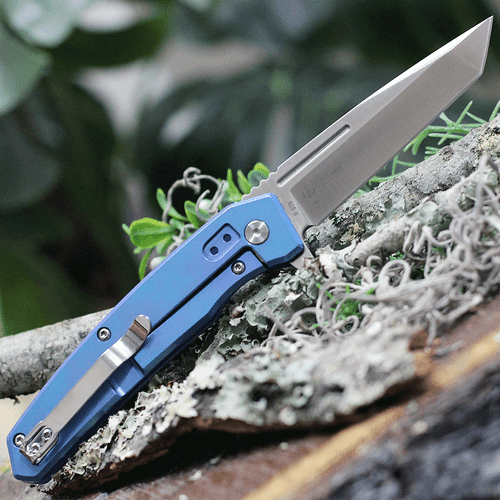 Ontario Knife Co. Ti 22 Ultrablue 9800, 3.03" Satin Stainless Steel Tanto Blade, Blue Iridescent Titanium Handle