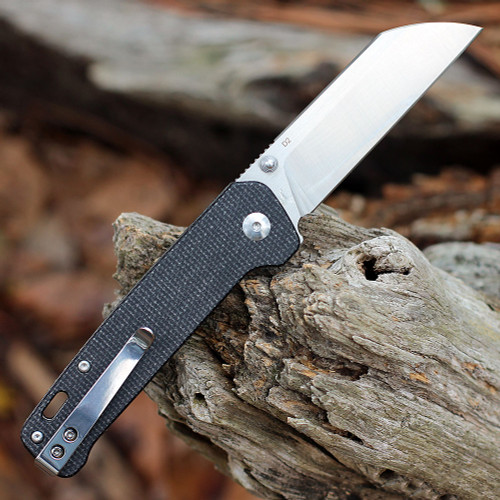 QSP Penguin (QS130I) 3" D2 Two Tone Satin Sheepsfoot Plain Blade, Black Micarta Handle