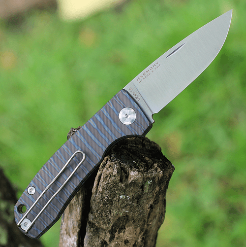 PMP Knives & Maxace Harmony PMP007, 3" Satin Bohler M390 Drop Point Blade, Flame Titanium Handles