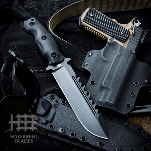 Halfbreed Blades Large Survival Knife (LSK-01) 6.89" K110 (D2) Teflon Coated Black Spear Point Sawback Blade, Black G-10 Handle, Black Kydex Sheath