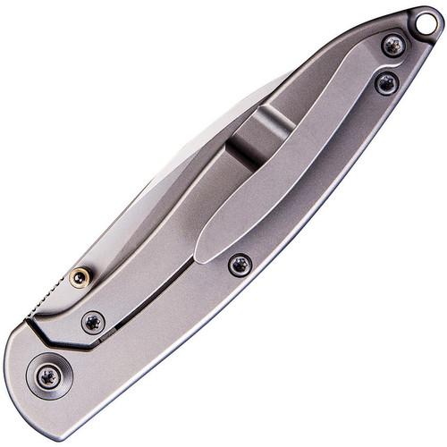 WE Knife Co. Schism 908A, 2.88" CPM-S35VN Stonewashed Plain Blade, Gold and Gray Titanium Handles