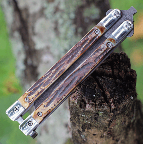 Bear & Son Butterfly Damascus (BC517D) 3.27" Damascus Drop Point Plain Blade, India Stag Bone Handle