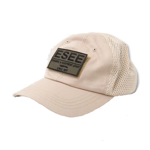 The ESEE Adventure Cap shown in Khaki with its front velcro panel and included ESEE logo patch, adjustable velcro back strap, and breathable 100% polyester mesh panel.