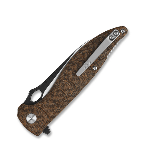 QSP Knife Locust Flipper (QS117A) 3.87" 154CM Black and Satin Wharncliffe Plain Blade, Brown Micarta Handle