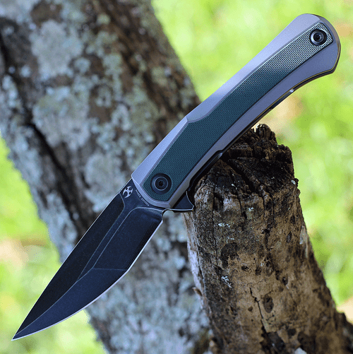 Kansept Knives Kratos (K1024A2), 3.79" S35VN Black Stonewashed Drop Point Plain Blade, Titanium and Green G-10 Handle