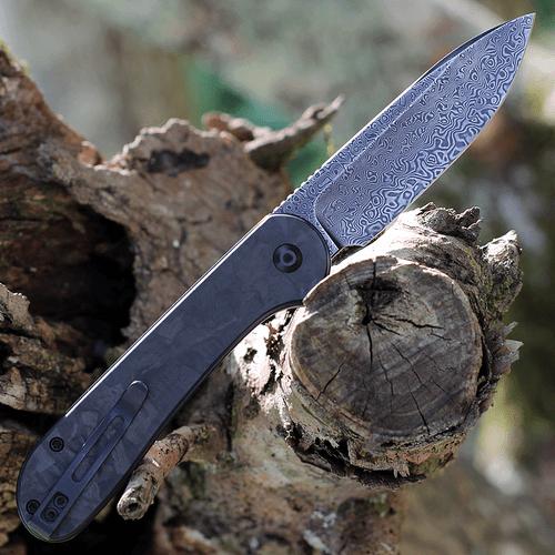 CIVIVI Button Lock Elementum Folding Knife (C2103DS-3)- 3.47" Damascus Drop Point Blade, Black Marble Carbon Fiber Handles