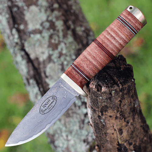 Fallkniven Idun Northern Lights (FNNL5CX) 4" Cowry X Damascus Drop Point Plain Blade, Stacked Leather Handle, Brown Leather Belt Sheath