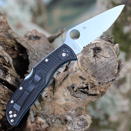 Spyderco Endela "Thin Blue Line" - 3.41" VG-10 Satin Partially Serrated Drop Point Blade, Black FRN Handle