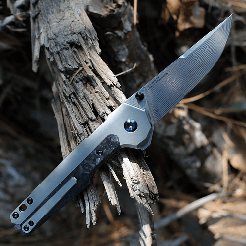 Kansept Knives EDC Tac (K2009A3) 3.1" CPM-S35VN Damascus Drop Point Plain Blade, Gray Titanium Handle with Shred Carbon Fiber Inlay