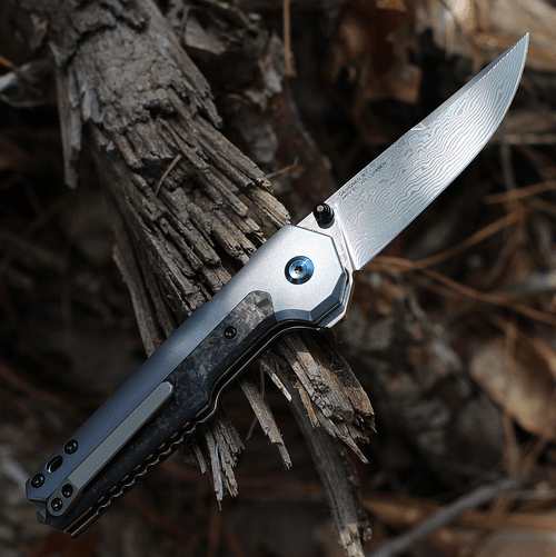 Kansept Knives EDC Tac (K2009A4) 3.1" Damascus Drop Point Plain Blade, Blue Titanium Handle with Carbon Fiber Inlay